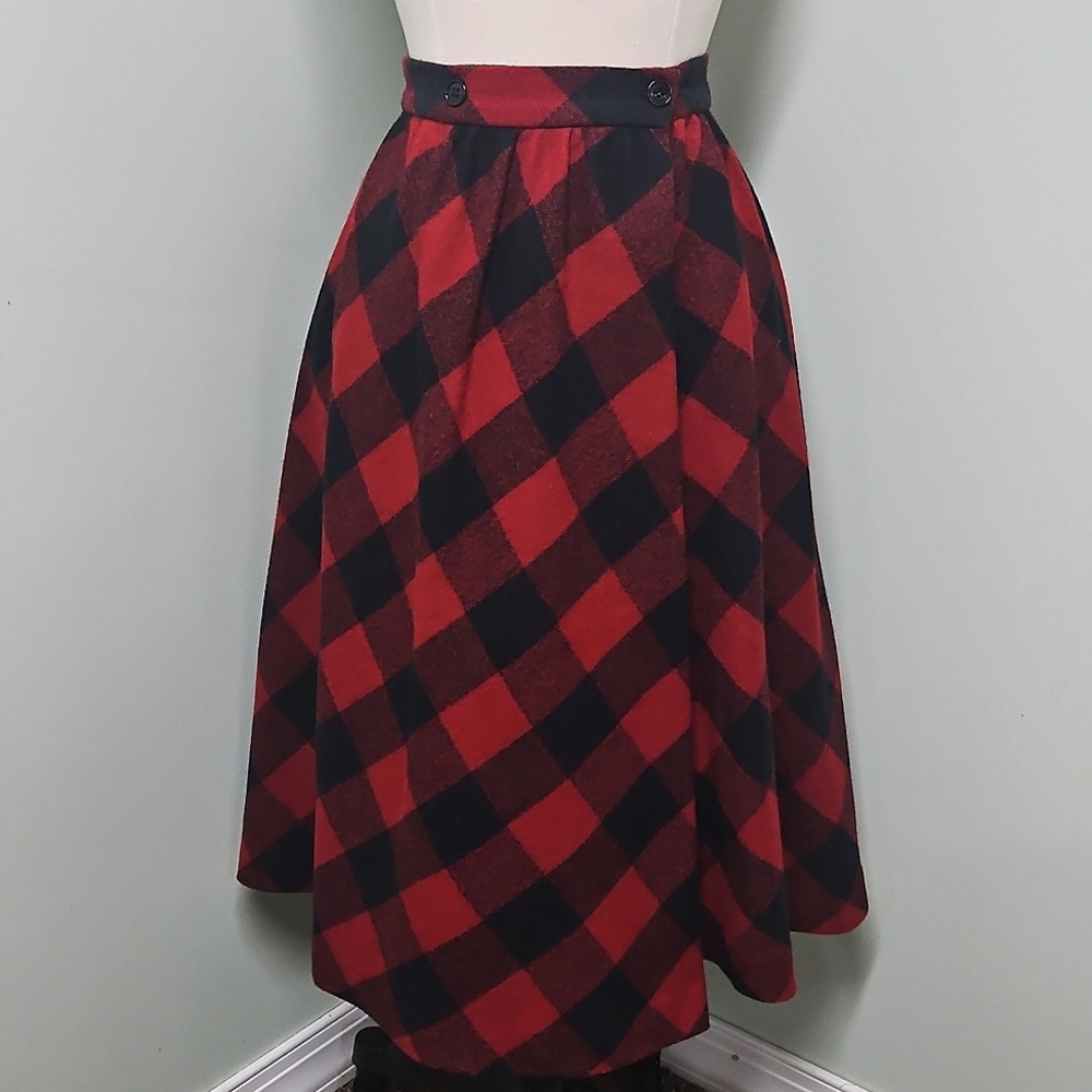 Vintage Halston III Skirt Plaid 70s Wool Blend Red Black Long Pleated Cabincore